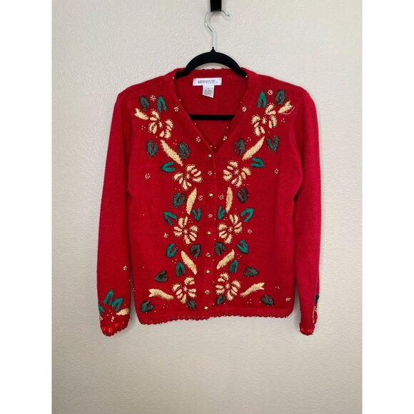 Arriviste Womens Red Embroidered Knit Cardigan Medium Button-Up Long Sleeve - Picture 2 of 6